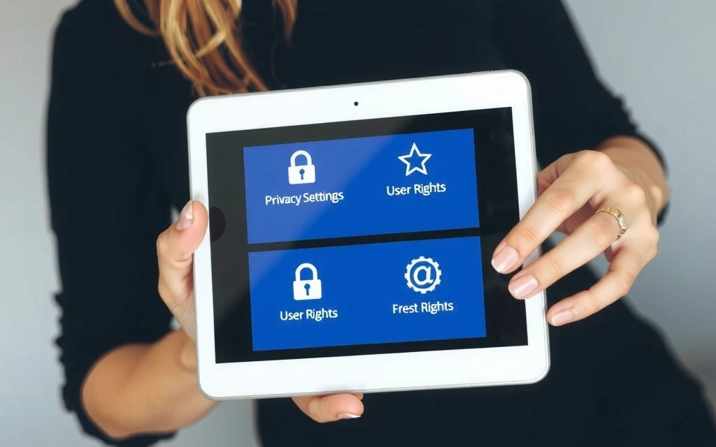 Žena drží digitální tablet s ikonou práv uživatele