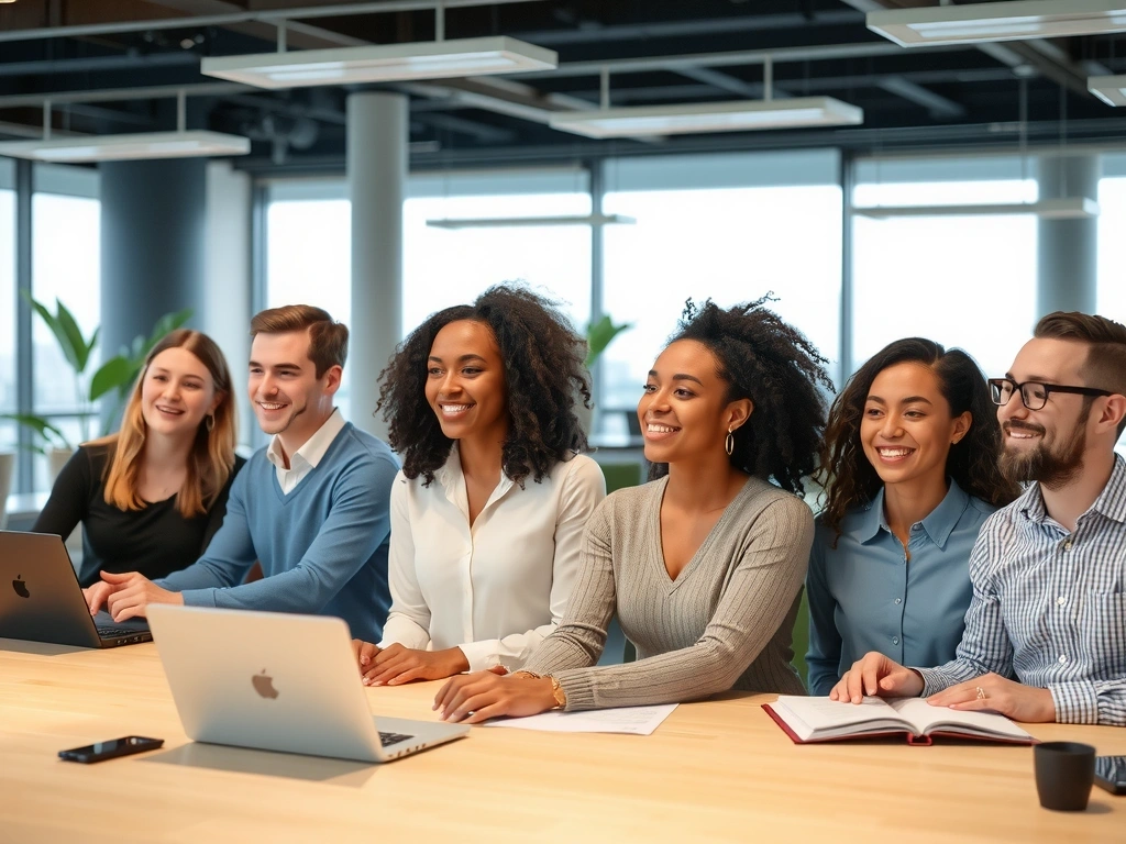 Skupina usmívajících se zaměstnanců v moderní kanceláři, symbolizující zdraví a pohodu na pracovišti