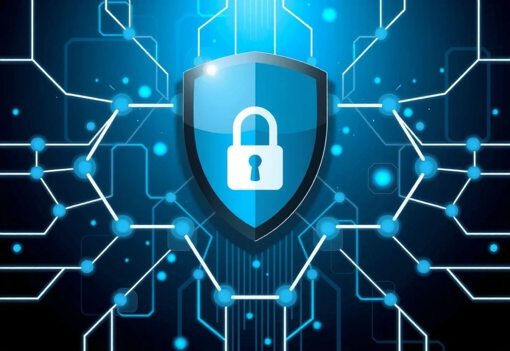 Ilustrace bezpečnosti dat a ochrany soukromí s digitálním štítem a zámkem na pozadí abstraktní sítě